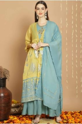 Art silk Straight Suit with Embroidered in Mustard  SK154426