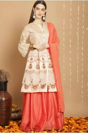 Art silk Straight Suit in Cream with Embroidered SK154431