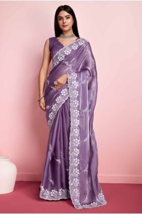 Sequins embroidered Silk Saree in Purple SR27292