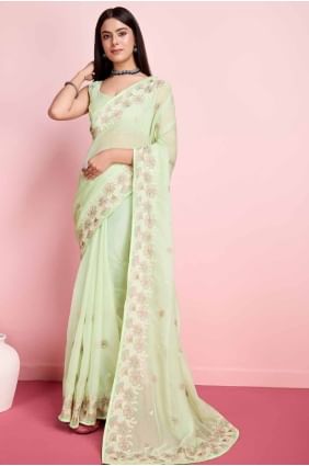 Green Embroidered Saree in Organza SR27299