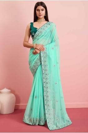 Embroidered Georgette Sea green  Saree with Blouse SR27305