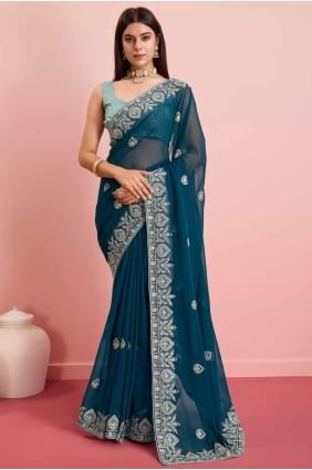 Teal blue Saree in Embroidered Georgette SR27307