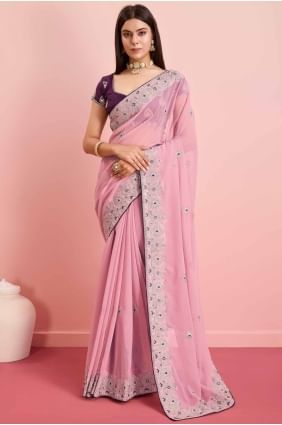 Saree in  pink Georgette with Embroidered SR27308