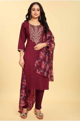 Embroidered Silk Straight Pant Suit in Wine  SK154467