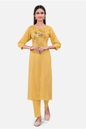 Yellow Embroidered Cotton Kurti KTI2443