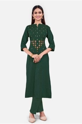 Green Embroidered Kurti in Cotton KTI2445