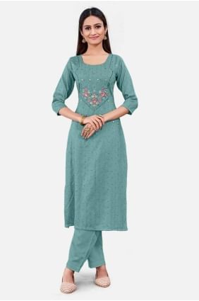 Kurti in Sea green  Cotton with Embroidered KTI2447