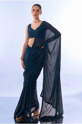 Teal blue  Satin Saree with Plain SR27310