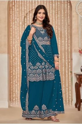 Blue Embroidered Palazzo Suit in Chiffon PZ4032