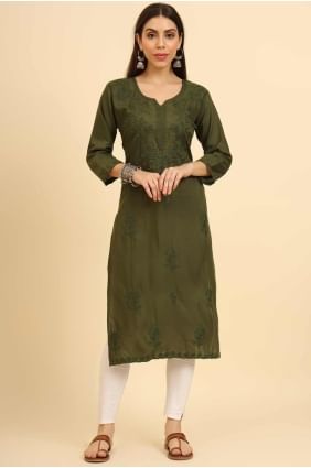 Chikankari Kurti in Mahendi Cotton KTI2463