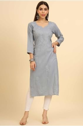 Grey Chikankari Kurti in Cotton KTI2464