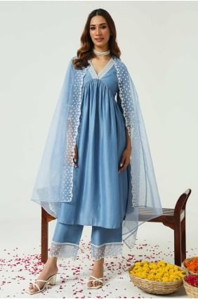 Blue plazo Suit in Silk with Embroidered PZ4035