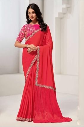 Sequins Satin Saree in Red SR27354