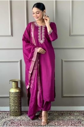 Burgundy  Straight Pant Suit in Viscose with Embroidered SK154538