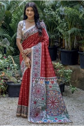 Red Embroidered Tussar silk Saree SR27374