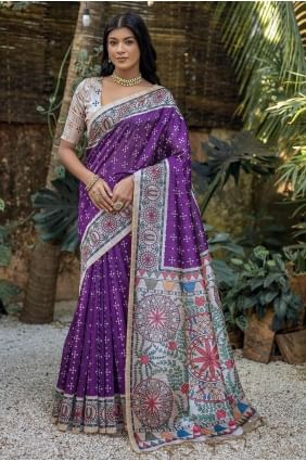 Embroidered Saree in Purple Tussar silk SR27375