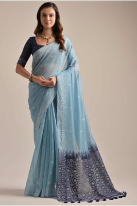 Cotton Saree in Sky blue  with Weaving SR27376