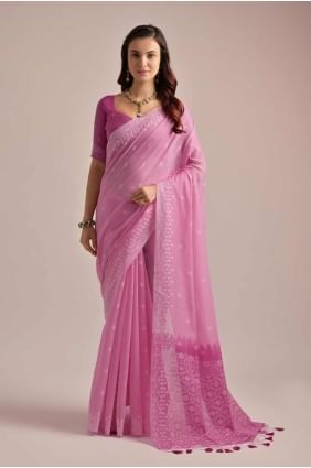 Weaving Cotton Saree in Pink with Blouse SR27379