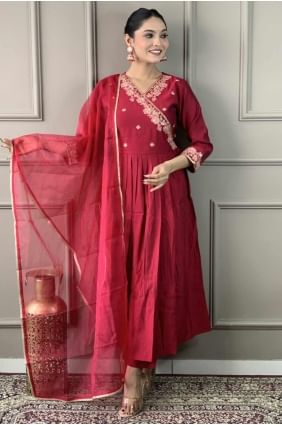 Maroon Embroidered Viscose Straight Pant Suit SK154550