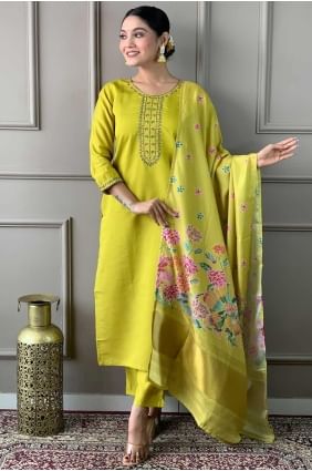 Straight Pant Suit in Green  Viscose with Embroidered SK154553