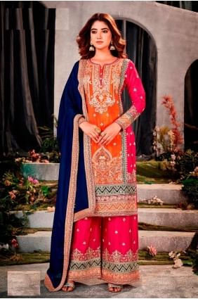 Chiffon Palazzo Suit with Embroidered in Green-red  PZ4040