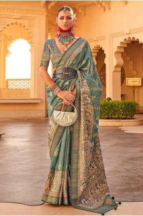 Printed weaving Silk Saree in Green SR27405
