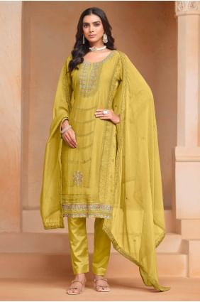 Organza Straight Pant Suit in Yellow with Embroidered SK154676