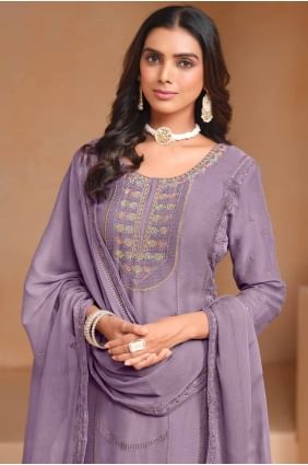 Embroidered Organza Lavender  Straight Pant Suit with Dupatta SK154677