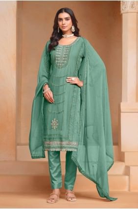 Embroidered Straight Pant Suit in Green Organza SK154678