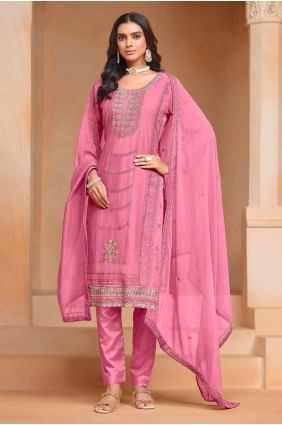 Embroidered Organza Straight Pant Suit in Pink SK154679
