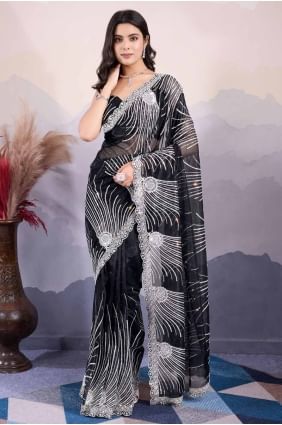 Sequins embroidered Art silk Saree in Black SR27605