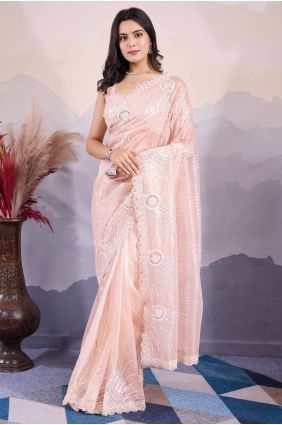Peach Sequins embroidered Saree in Art silk SR27607