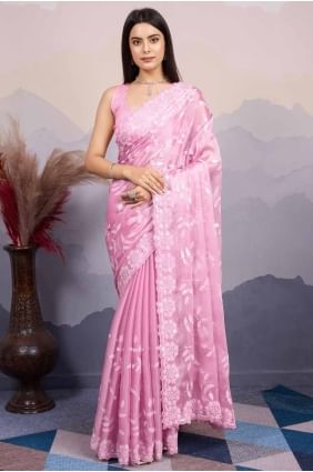 Sequins embroidered Silk Saree in Pink SR27627