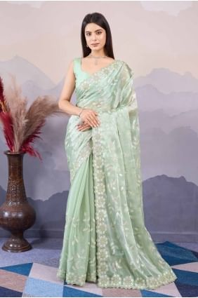 Sequins embroidered Silk Saree in Pista  with Blouse SR27630