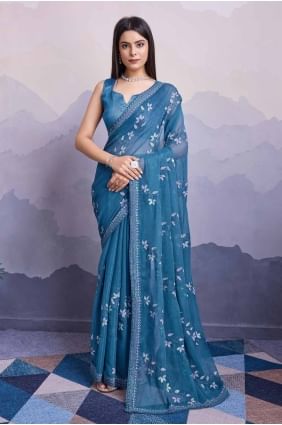 Chiffon Saree in Cyan blue  with Sequins embroidered SR27653