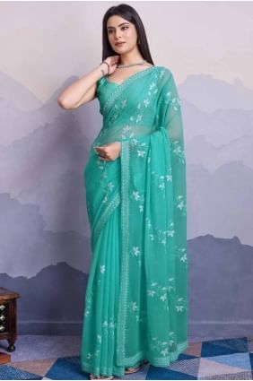 Chiffon Sequins embroidered Sea green  Saree with Blouse SR27654