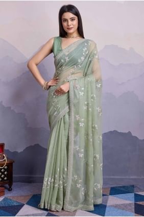 Green Chiffon Saree with Sequins embroidered SR27656