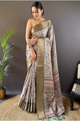 Zari printed weaving Tussar silk Grey Saree with Blouse SR27657