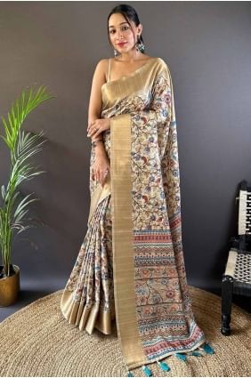 Beige  Saree in Tussar silk with Zari printed weaving SR27660