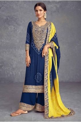 Chiffon Palazzo Suit in Blue with Embroidered PZ4058