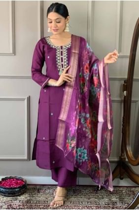 Printed Chanderi Purple Straight Pant Suit with Dupatta SK154704