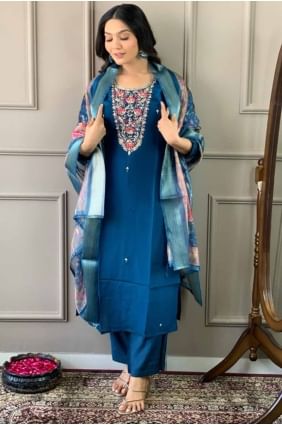 Printed Chanderi Teal blue  Straight Pant Suit with Dupatta SK154705