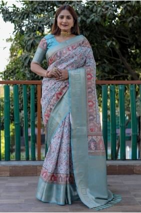 Printed Pashmina Saree in Sea green  with Blouse SR27699