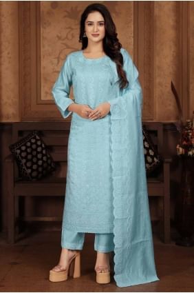 Blue Chanderi Embroidered Straight Pant Suit with Dupatta SK154731