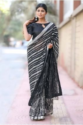 Sequins embroidered Georgette Black Saree with Blouse SR27719