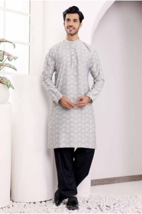 Weaving Men Kurta in Light grey  Viscose KURR308