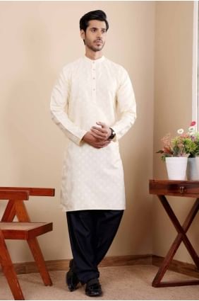 Viscose Off white  Men Kurta in Weaving KURR310