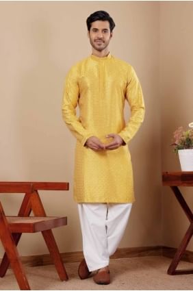 Embroidered Viscose Yellow Men Kurta  KURR313