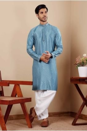 Blue Viscose Embroidered Men Kurta  KURR314