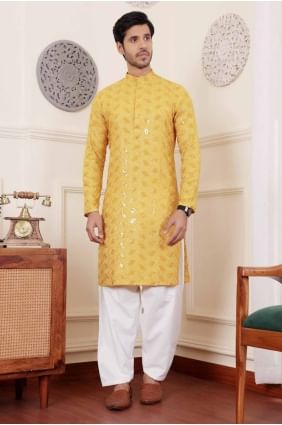 Embroidered Viscose Men Kurta in Yellow KURR322